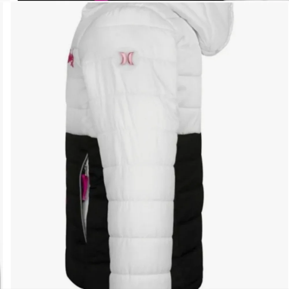 HURLEY girls faux fur zipper hooded puffer jacket white black pink Barbie style